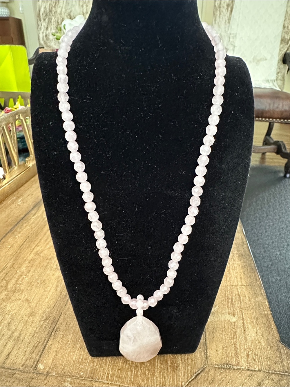 Handcrafted Rose Quartz Beaded Necklace with Faceted Pendant - Pink